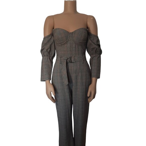 GUESS "Alexa" Grey Plaid Belted Bustier Puff Sleeve Jumpsuit - Size 0 - Picture 2 of 12